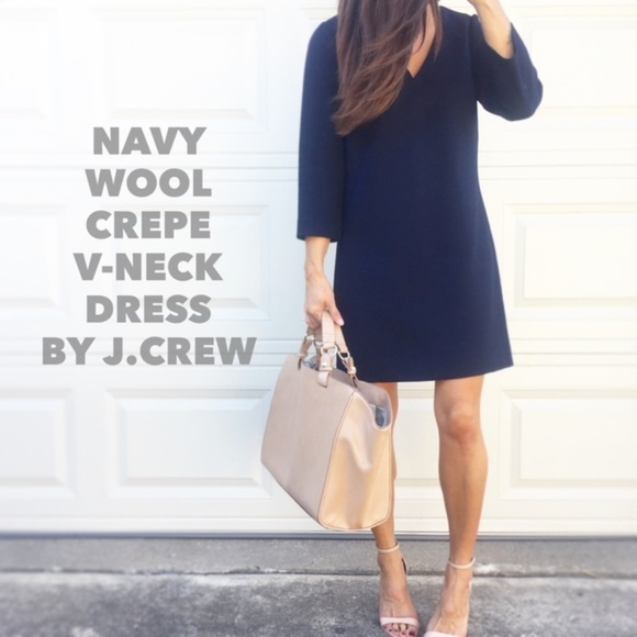 J. Crew Dresses & Skirts - J. Crew Navy Wool Crepe V-Neck Shift Dress Size 8
